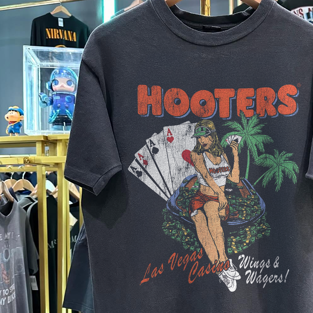 Y2K Hooter 'Wings And Wagers' Las Vegas Rare Washed Black T-Shirt